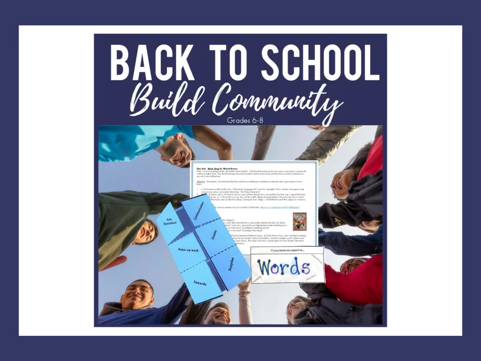 Cover of Back to School Community Building Activities for grades 6–8, showing expert cards and a syllabus foldable