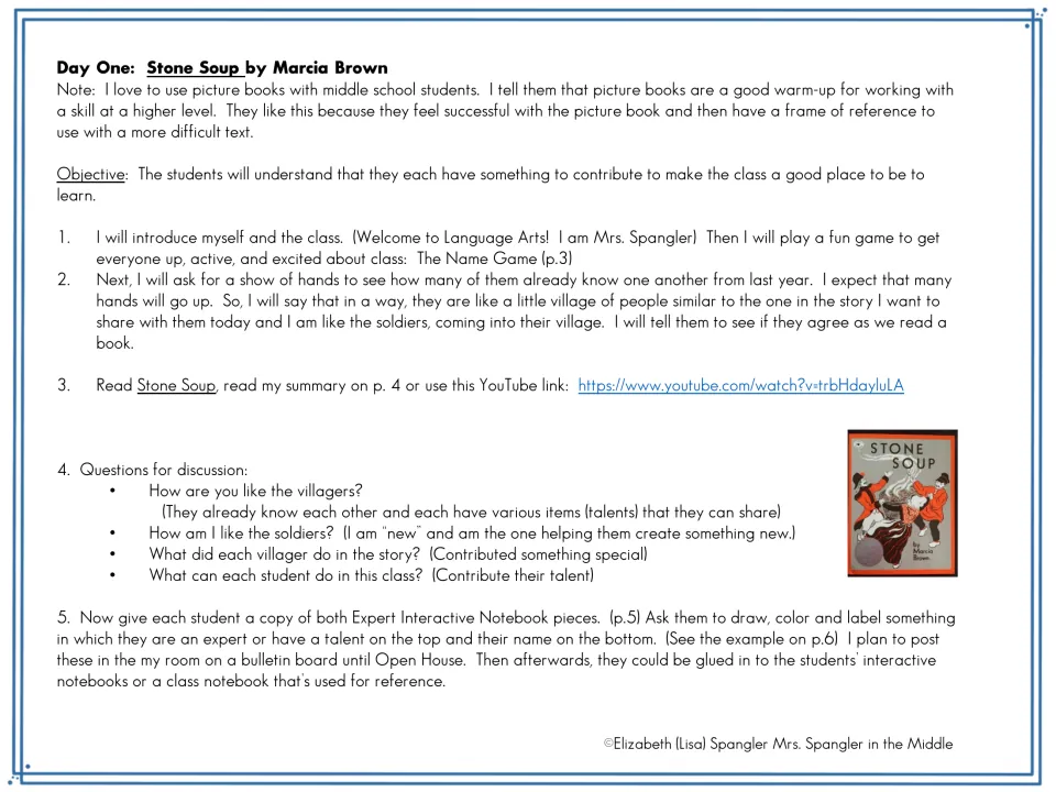 Day One lesson uses Stone Soup by Marcia Brown, a name game, discussion questions, and student expert cards