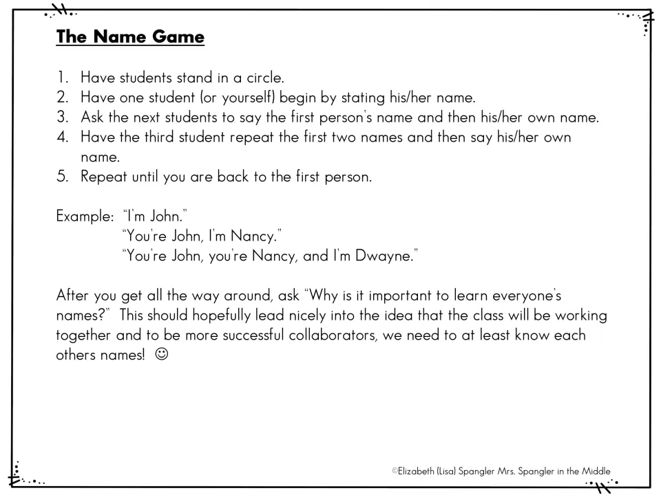 The Name Game directions ask students to repeat classmates’ names in a circle and discuss why names matter