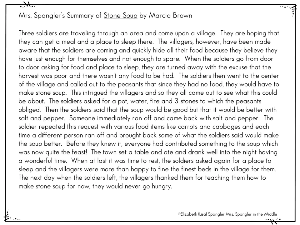 Teacher summary of Stone Soup by Marcia Brown describes three soldiers and villagers contributing to a shared meal