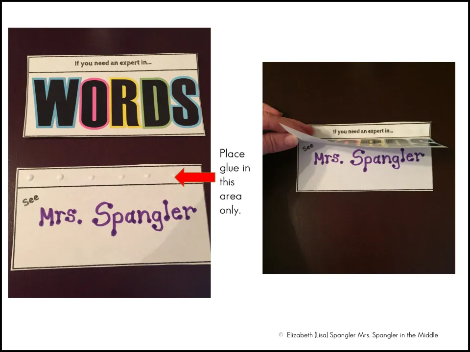 Expert card assembly example shows “WORDS” above “Mrs. Spangler” and where to glue the lifting flap