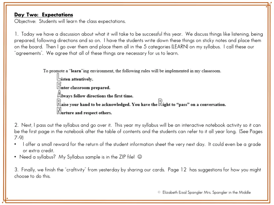 Day Two lesson introduces LEARN classroom expectations, a syllabus notebook activity, and sharing expert cards