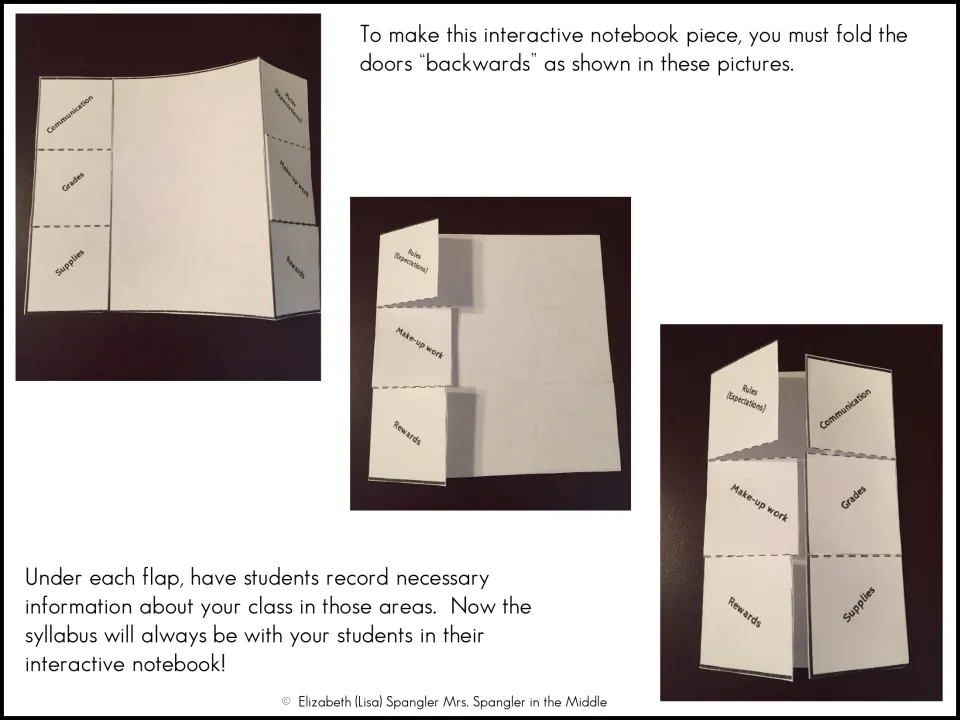 Syllabus foldable assembly photos show backward-folded doors and directions to record class information underneath