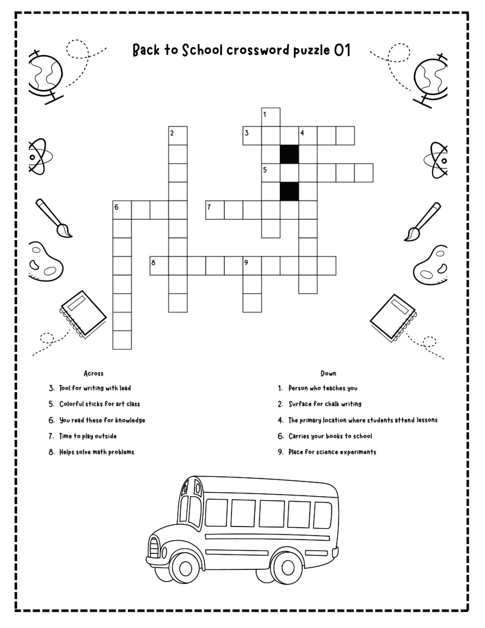 Back to school crossword 1: students solve 5 across and 5 down clues on school vocabulary, from lead pencils to recess