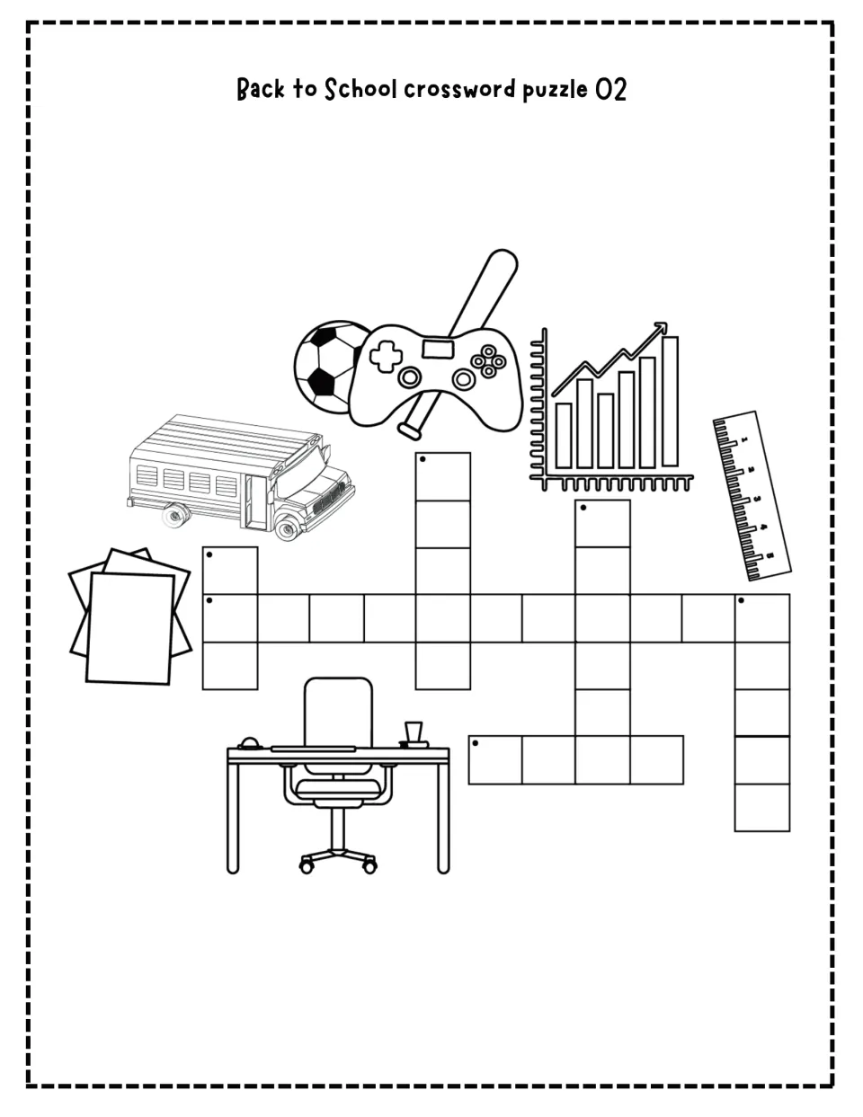 Picture crossword 2: students name the pictured bus, ruler, desk, chart, games and lined paper to fill in the grid
