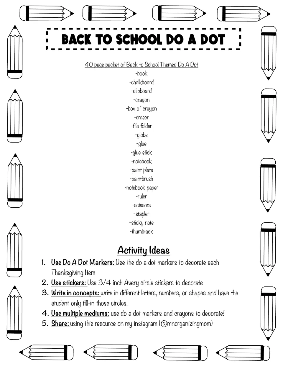 Introduction to the dot-marker packet, listing school supplies and ideas using markers, stickers, and crayons