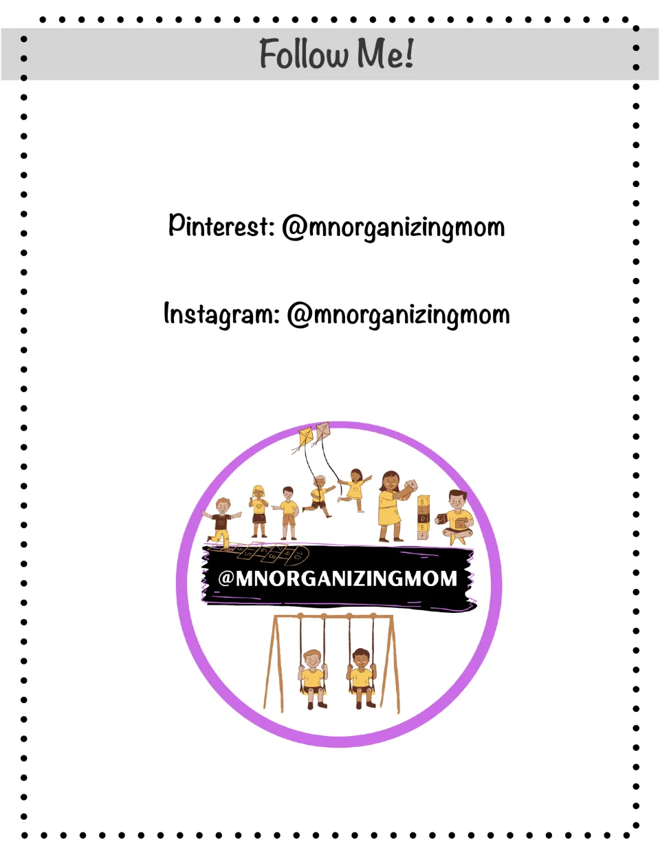 Creator follow page for the school dot-marker packet, listing Pinterest and Instagram as @mnorganizingmom