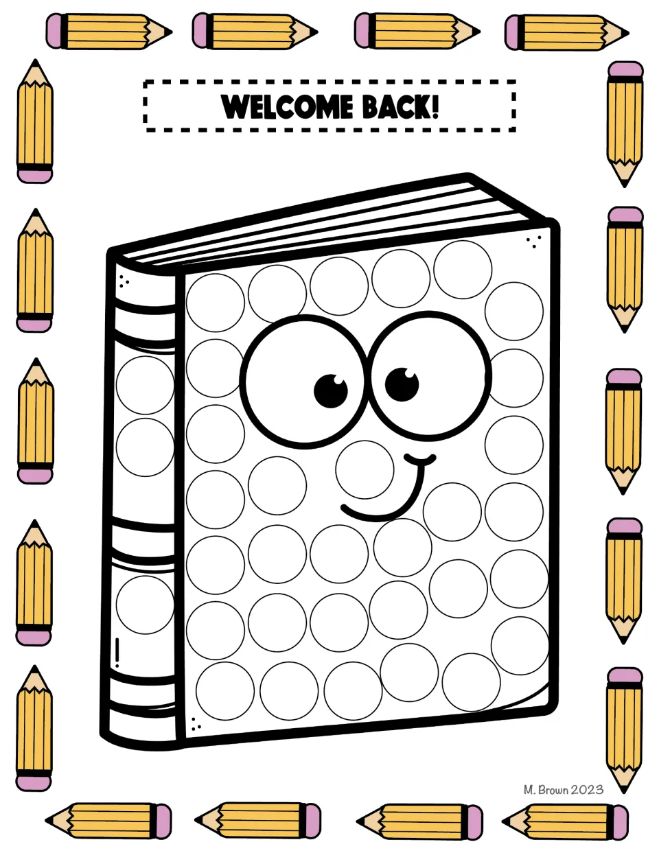 Book dot-marker activity sheet in the school supply packet, with circles to fill and the words 'WELCOME BACK!'