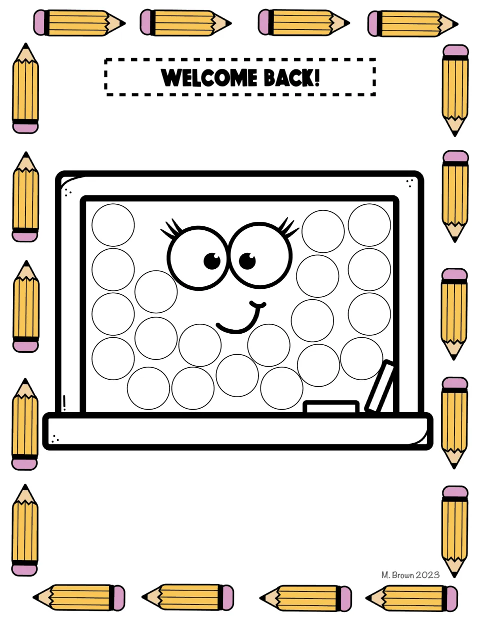 Chalkboard dot-marker activity in the school supply packet, with circles to fill beneath 'WELCOME BACK!'