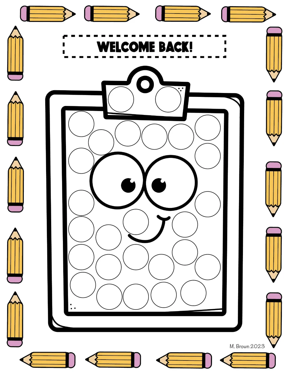 Clipboard dot-marker activity in the school supply packet, with circles to fill beneath 'WELCOME BACK!'