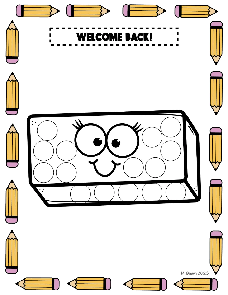 Eraser dot-marker activity sheet in the school supply packet, with circles to fill beneath 'WELCOME BACK!'