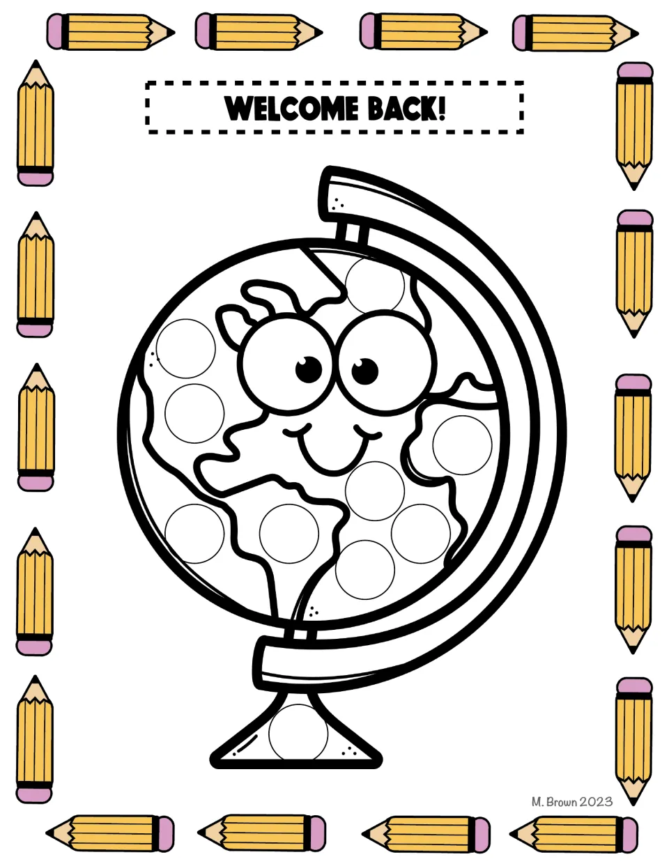 Globe dot-marker activity sheet in the school supply packet, with circles to fill beneath 'WELCOME BACK!'