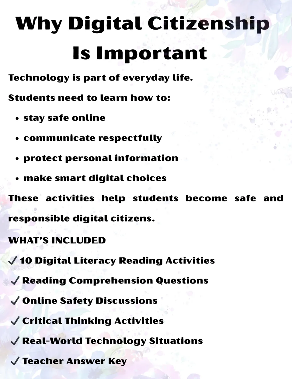 Introduction to the digital citizenship packet explaining online safety and listing the included activities