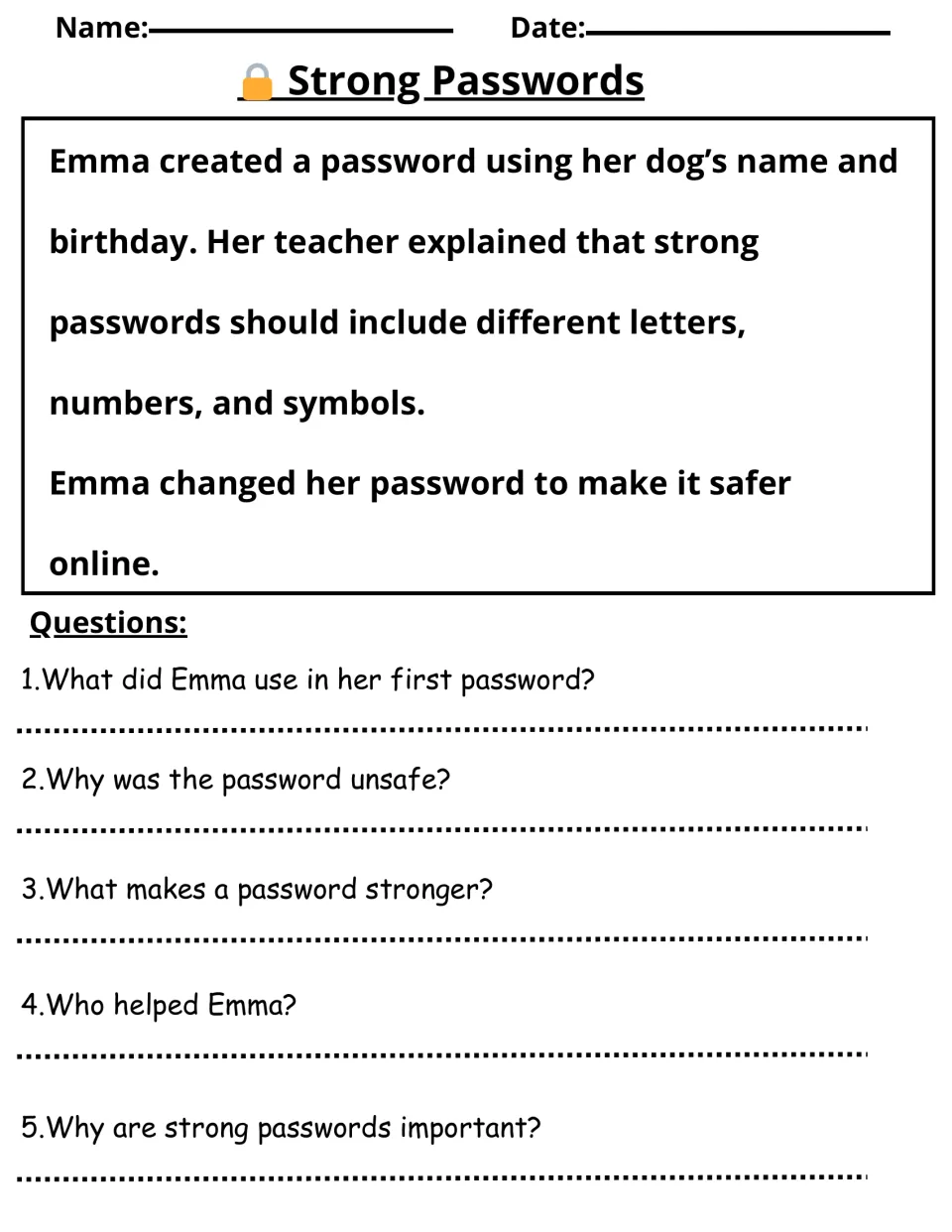 Strong Passwords reading activity about Emma changing her password, followed by five comprehension questions