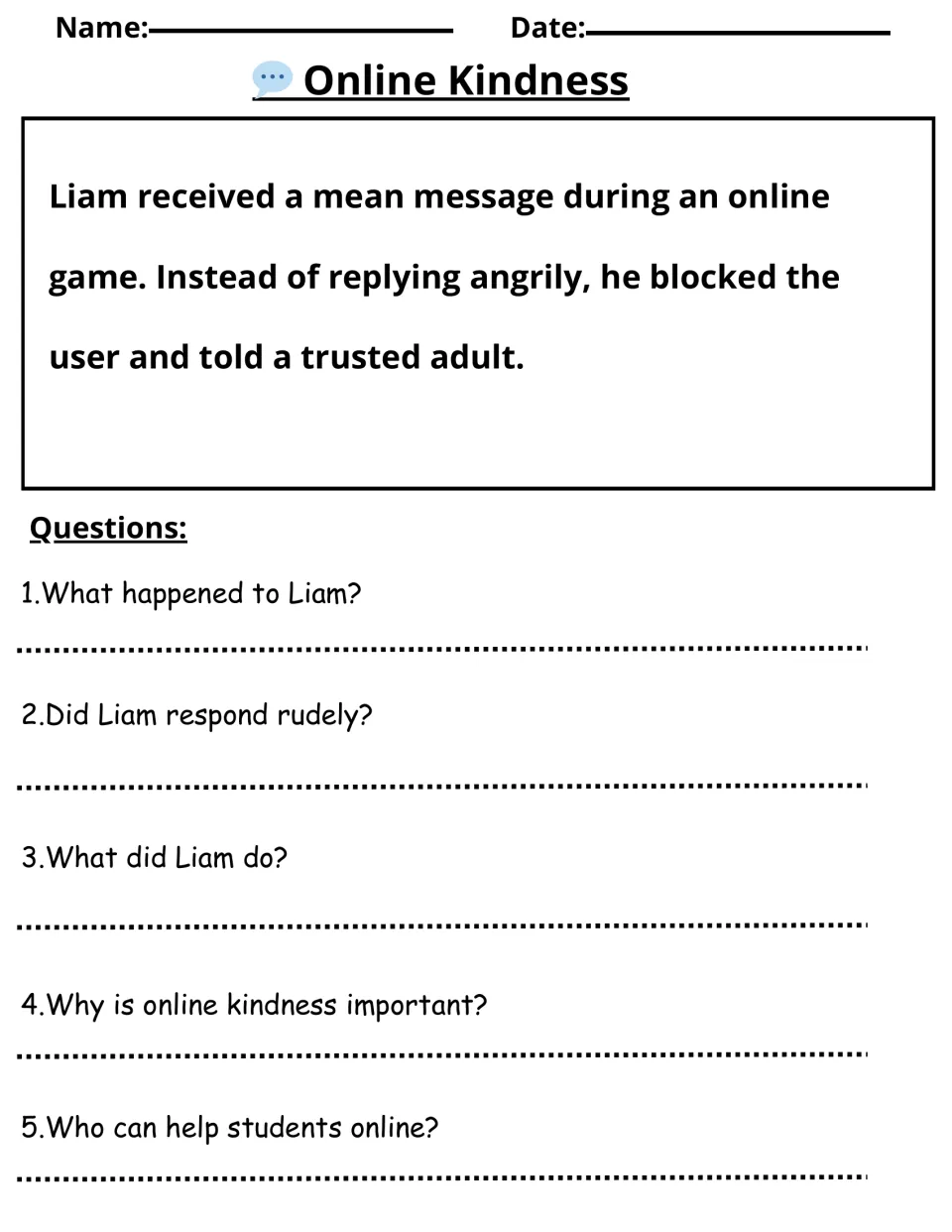 Online Kindness reading activity about Liam blocking a mean gamer and telling an adult, with five questions