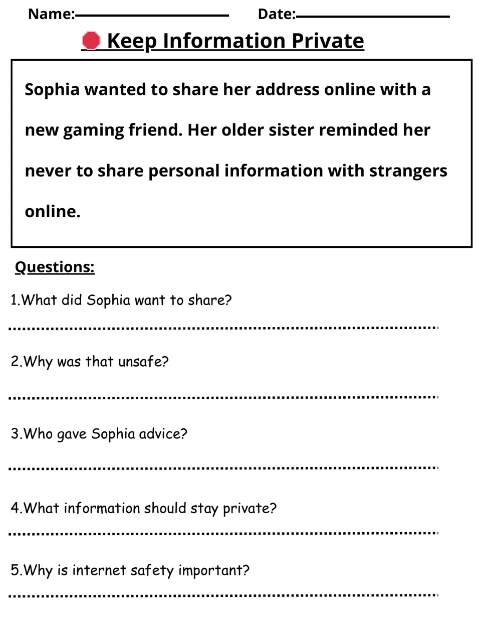 Keep Information Private reading activity about Sophia wanting to share her address online, with five questions