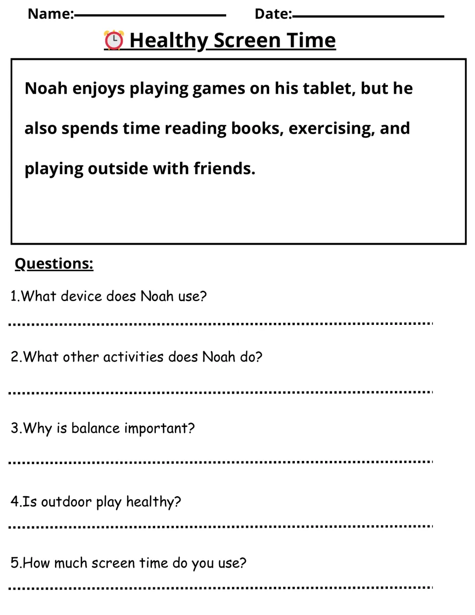 Healthy Screen Time reading activity about Noah balancing tablet games with other activities, with five questions
