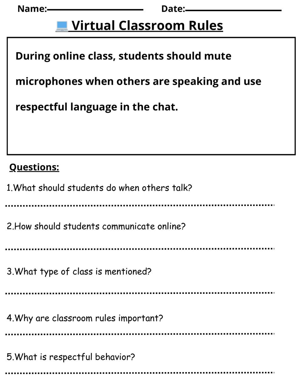 Virtual Classroom Rules reading activity about muting microphones and respectful chat, with five questions