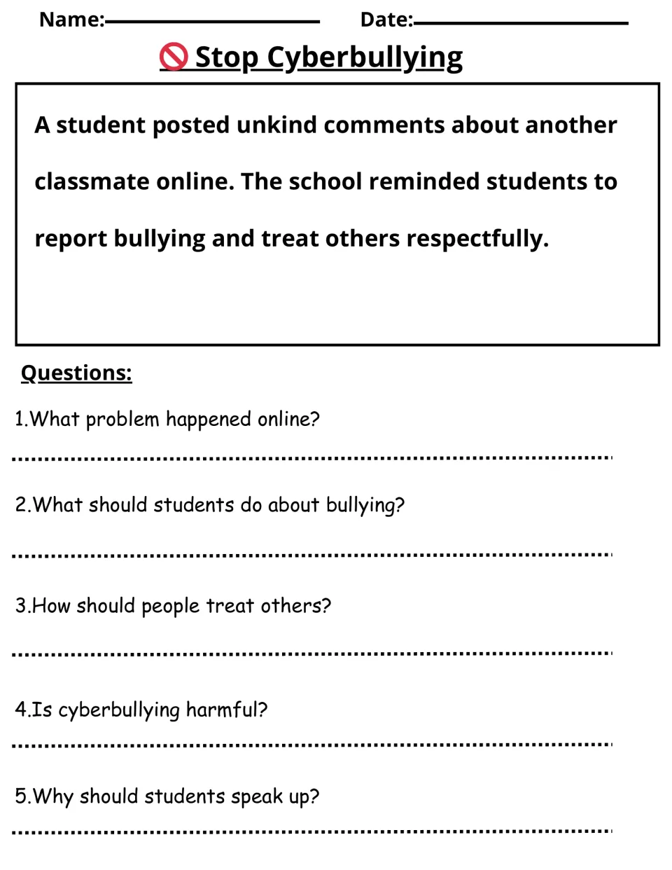 Stop Cyberbullying reading activity about reporting unkind online comments, followed by five questions