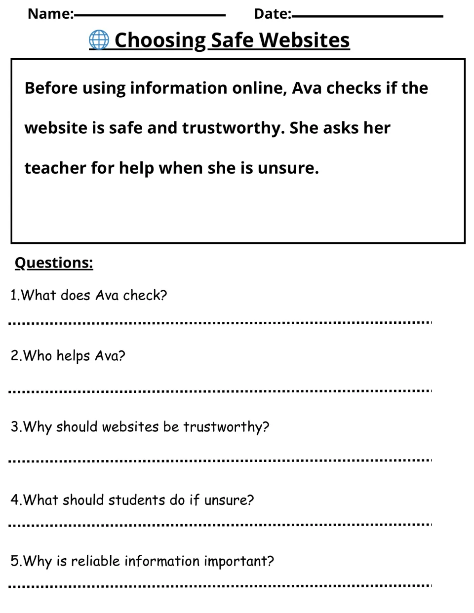 Choosing Safe Websites reading activity about Ava checking websites and asking her teacher, with five questions