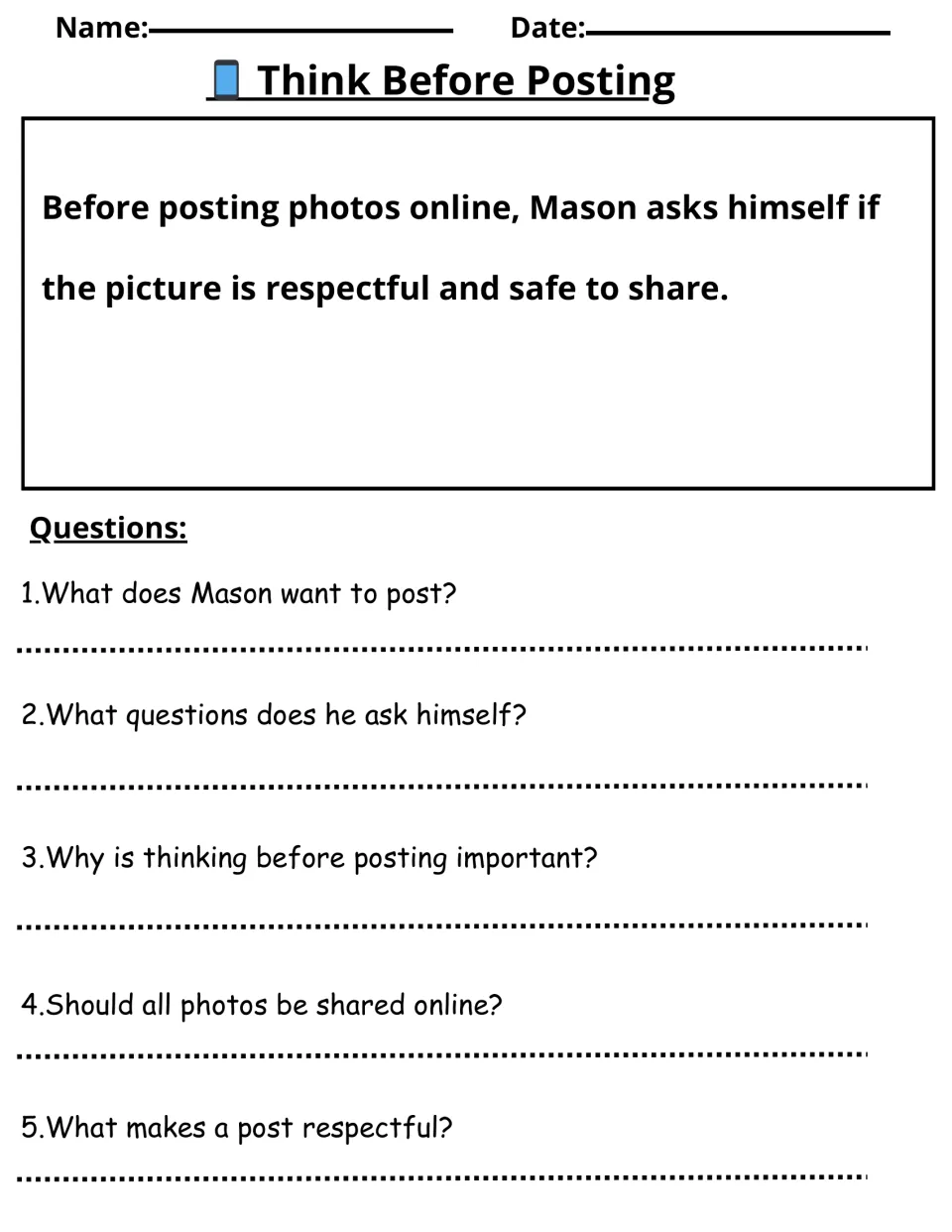 Think Before Posting reading activity about Mason checking if photos are safe and respectful, with five questions