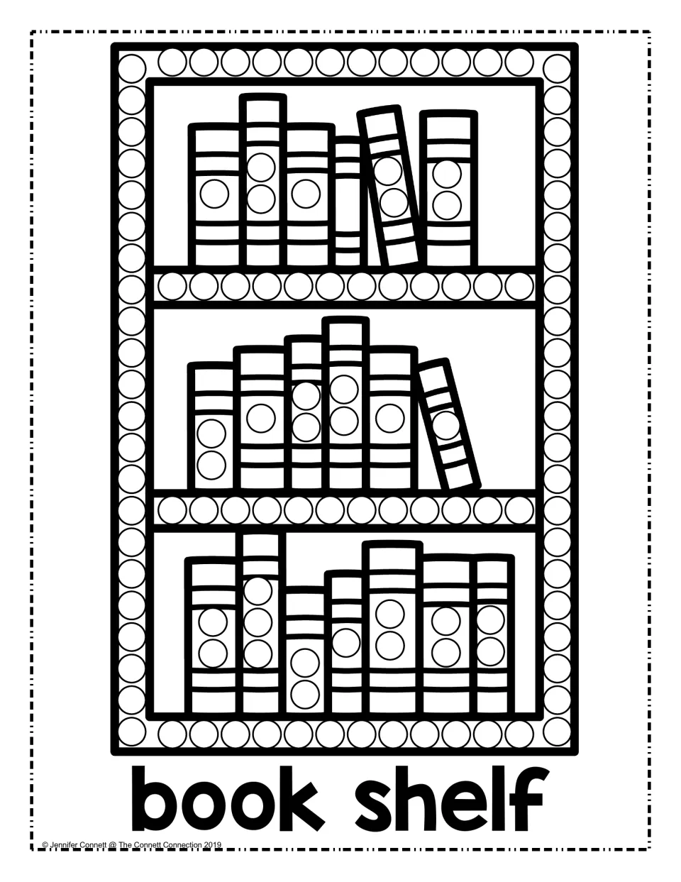 Bookshelf dot art: children stamp paint into circles on the frame, shelves and book spines, labeled book shelf