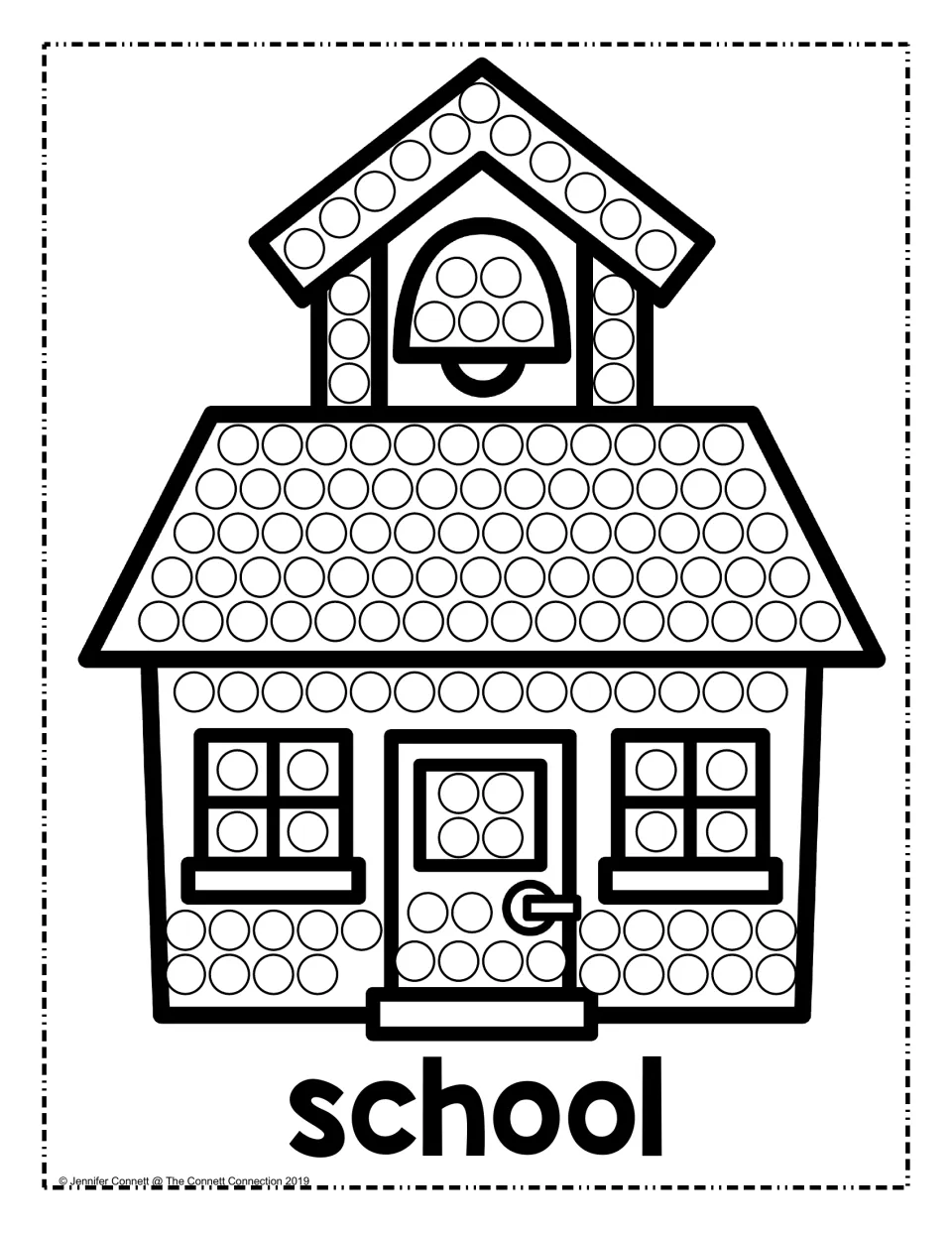Schoolhouse dot painting: students fill circles on the roof, bell tower, windows and door, with the word school below