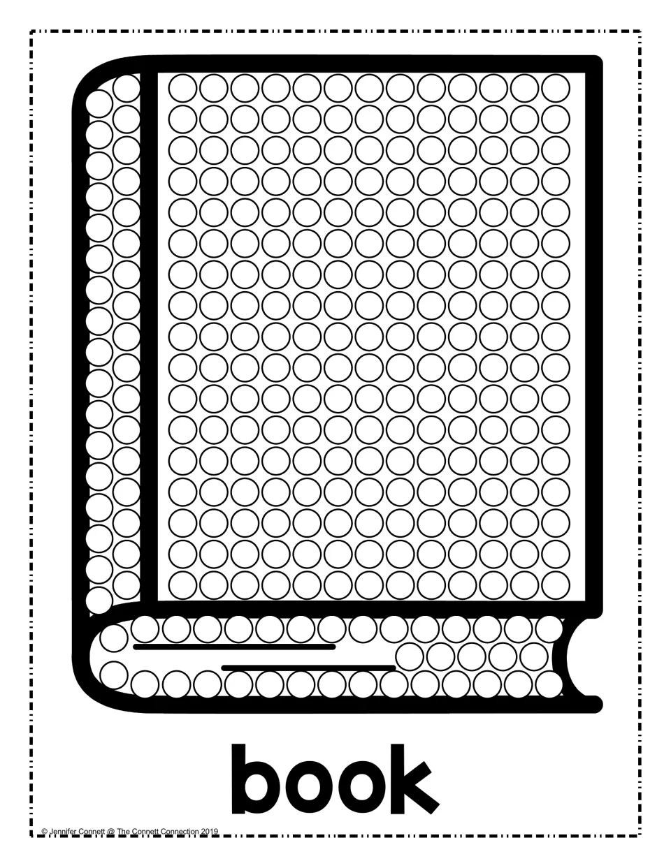 Book dot art: rows of circles fill the closed book's cover, spine and pages for students to dab one at a time