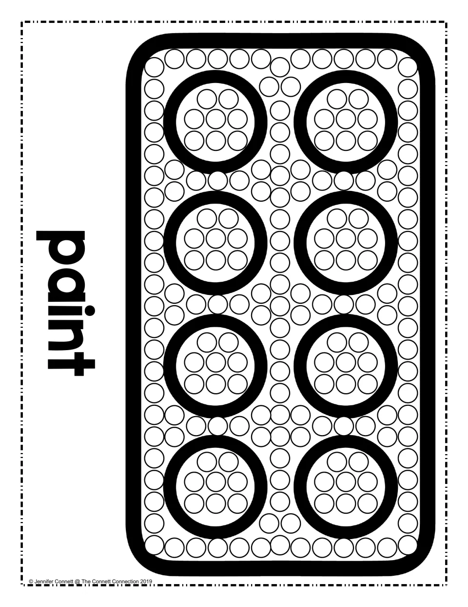Paint tray dot art: students dot the eight paint wells and the spaces around them, with the word paint printed sideways