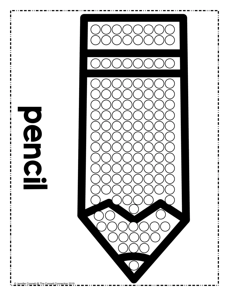 Pencil dot painting: children dab circles on the eraser, band, body and sharpened tip of a large pencil labeled pencil