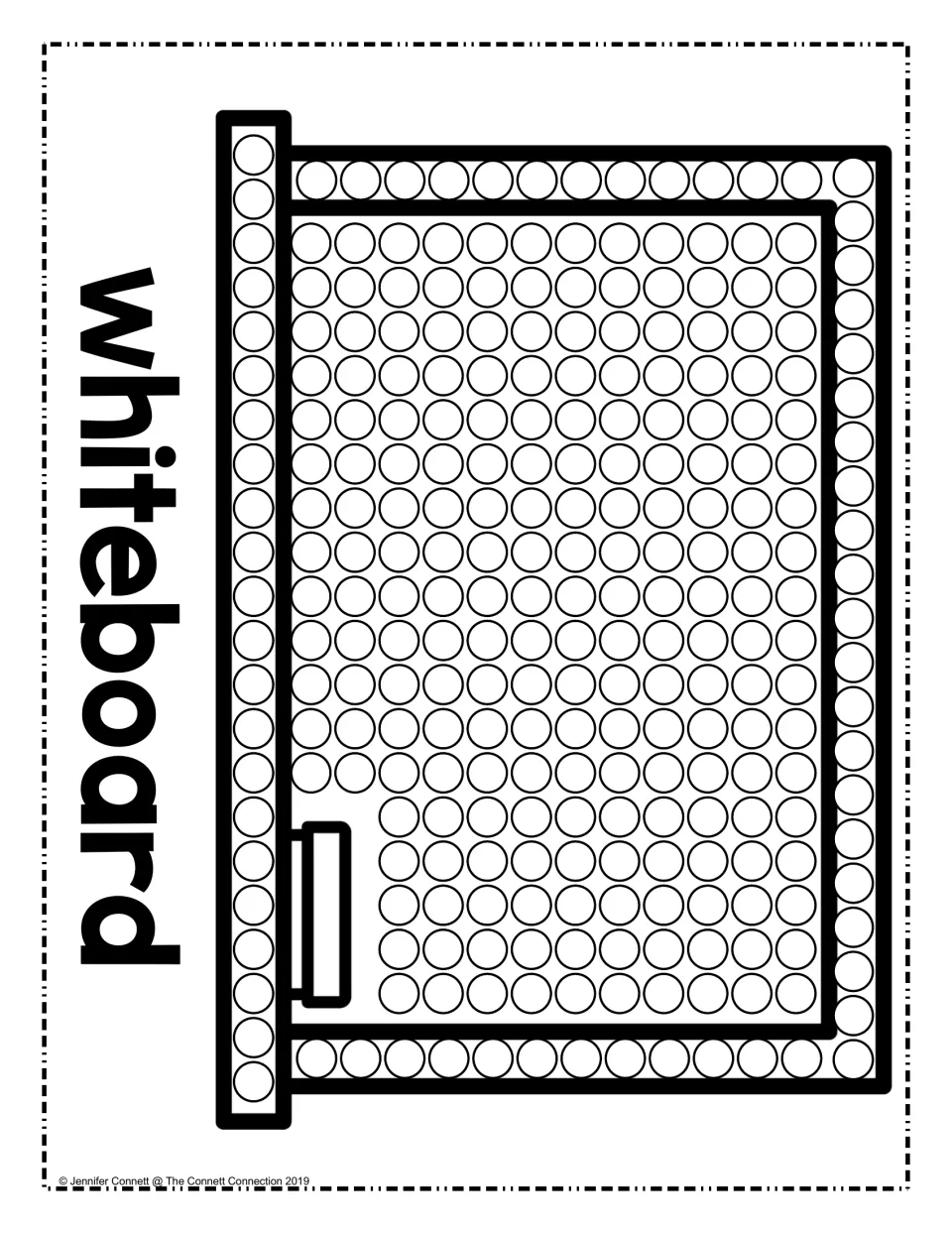 Whiteboard dot art: students fill the board, frame and marker tray with dabbed paint, the word whiteboard printed sideways