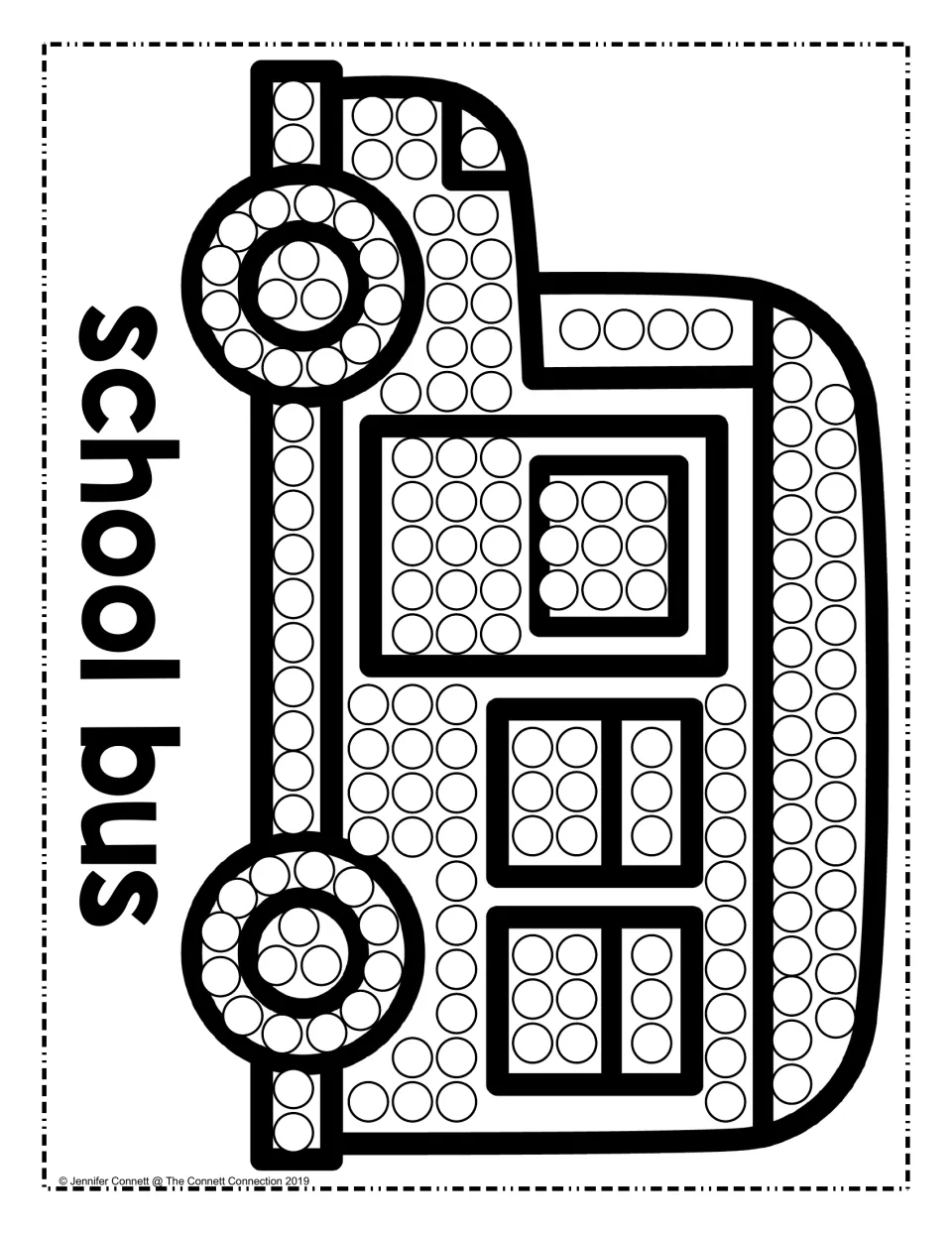 School bus dot painting: students dot the wheels, windows, door and body of a bus shown sideways with the label school bus