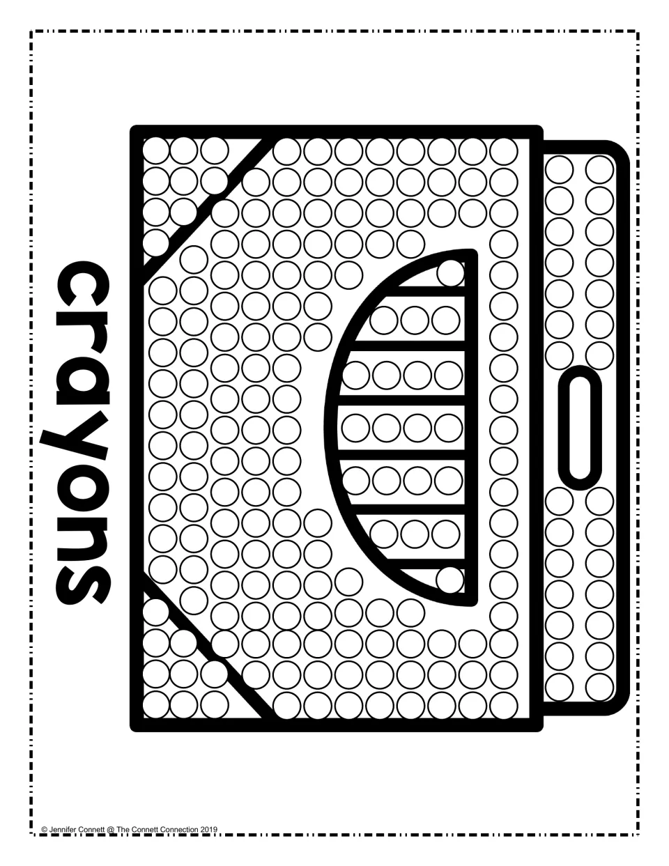 Crayon box dot art: students stamp each circle on a crayon box with a striped front window, labeled with the word crayons