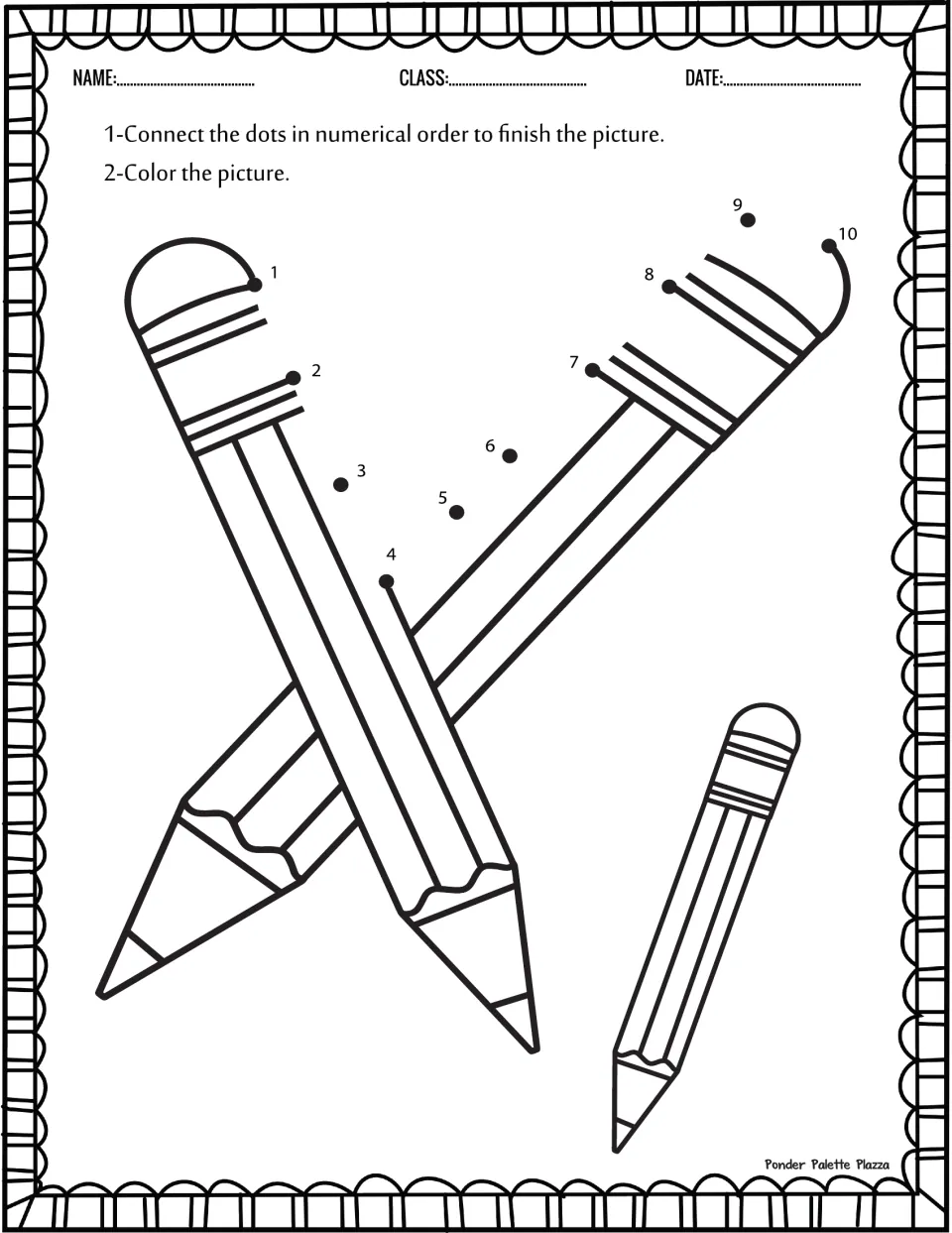 Pencil dot-to-dot worksheet: connect numbers 1–10 to complete the picture of three pencils, then color.