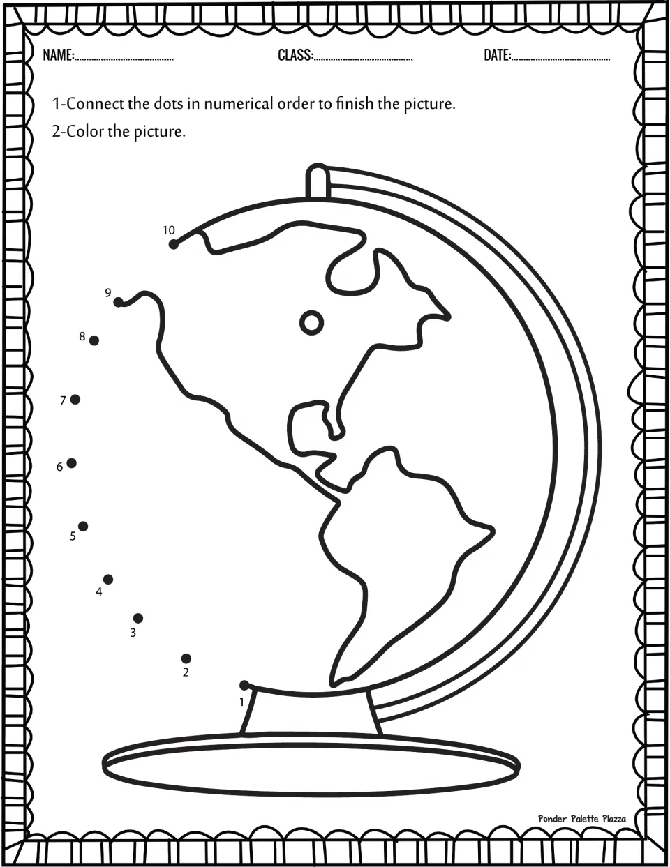 Globe dot-to-dot worksheet: connect numbers 1–10 to finish a globe showing the Americas, then color it.