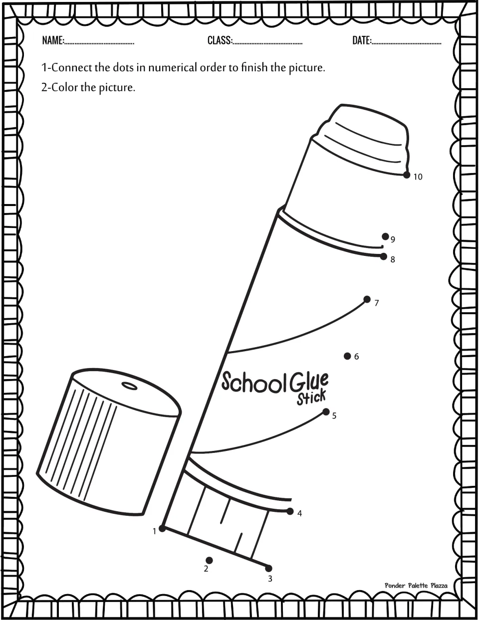 Glue stick dot-to-dot worksheet: connect numbers 1–10 to finish the uncapped school glue stick, then color.