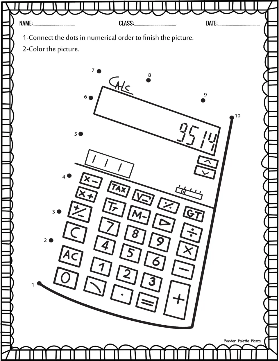 Calculator dot-to-dot worksheet: connect numbers 1–10 to finish a calculator displaying 9514, then color.
