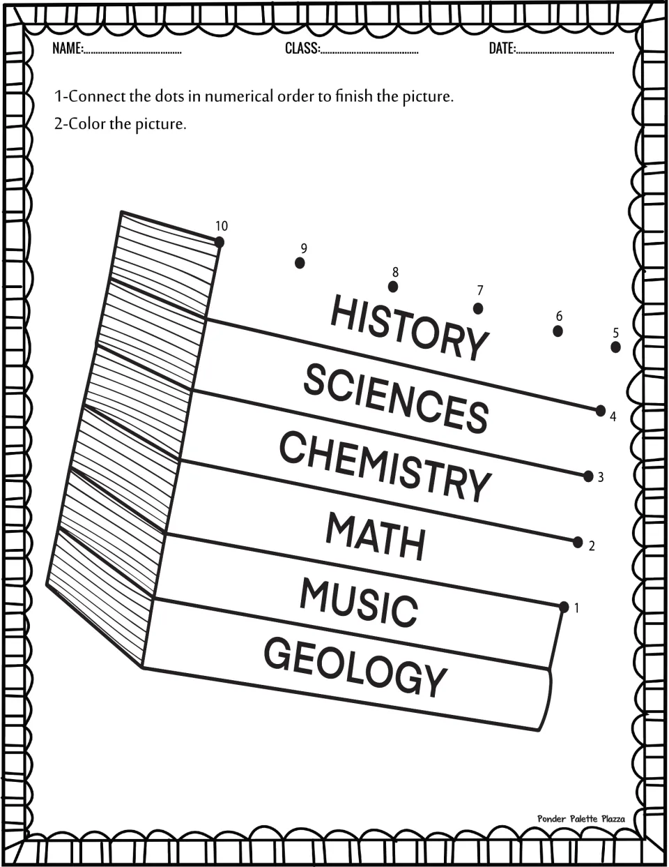 Book stack dot-to-dot worksheet: connect numbers 1–10 to complete six labeled schoolbooks, then color.