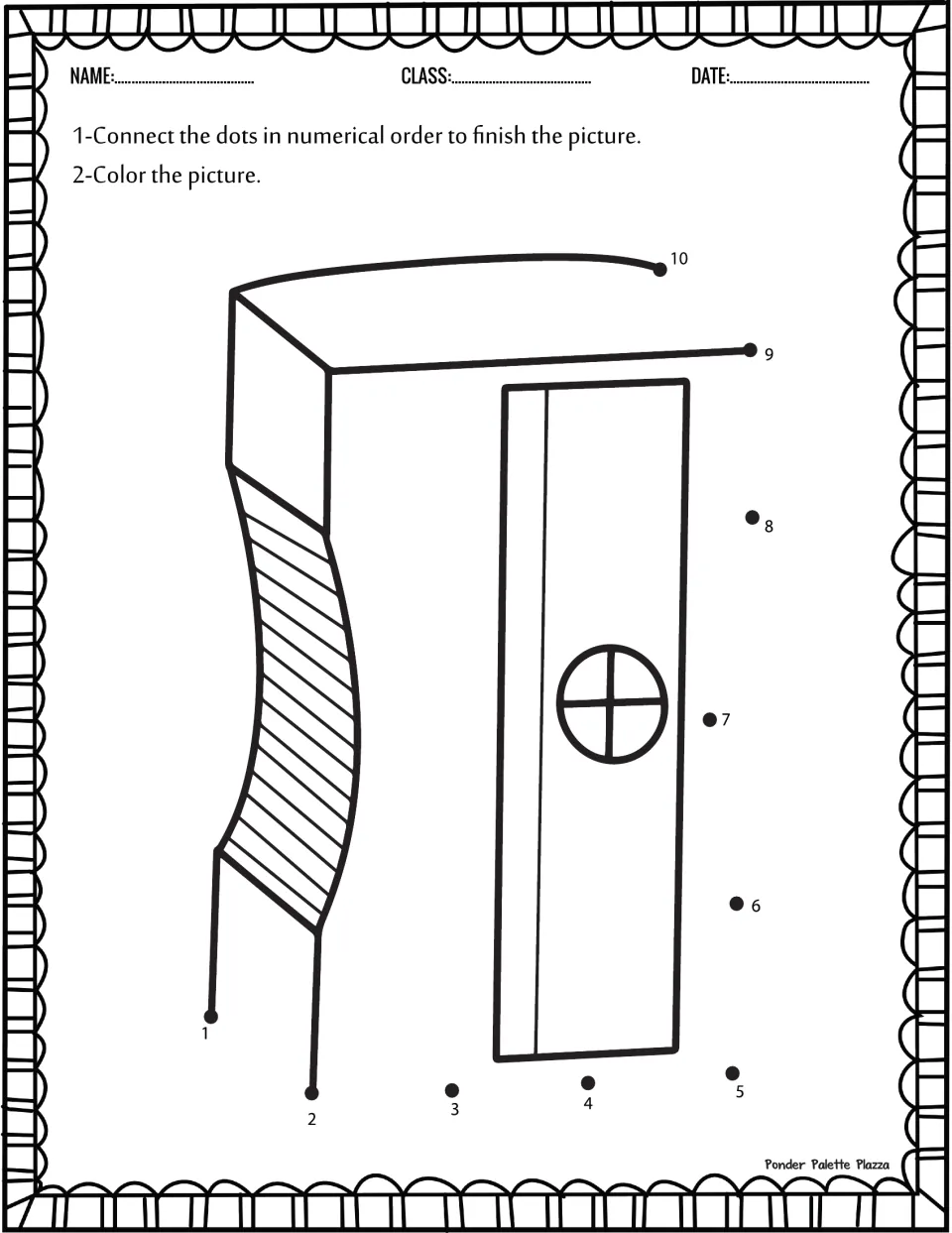 Pencil sharpener dot-to-dot worksheet: connect numbers 1–10 to finish the handheld sharpener, then color.