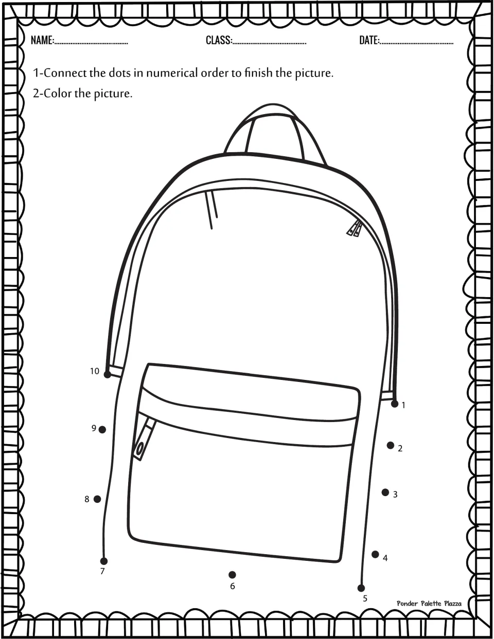 Backpack dot-to-dot worksheet: connect numbers 1–10 to finish a backpack with a front pocket, then color.