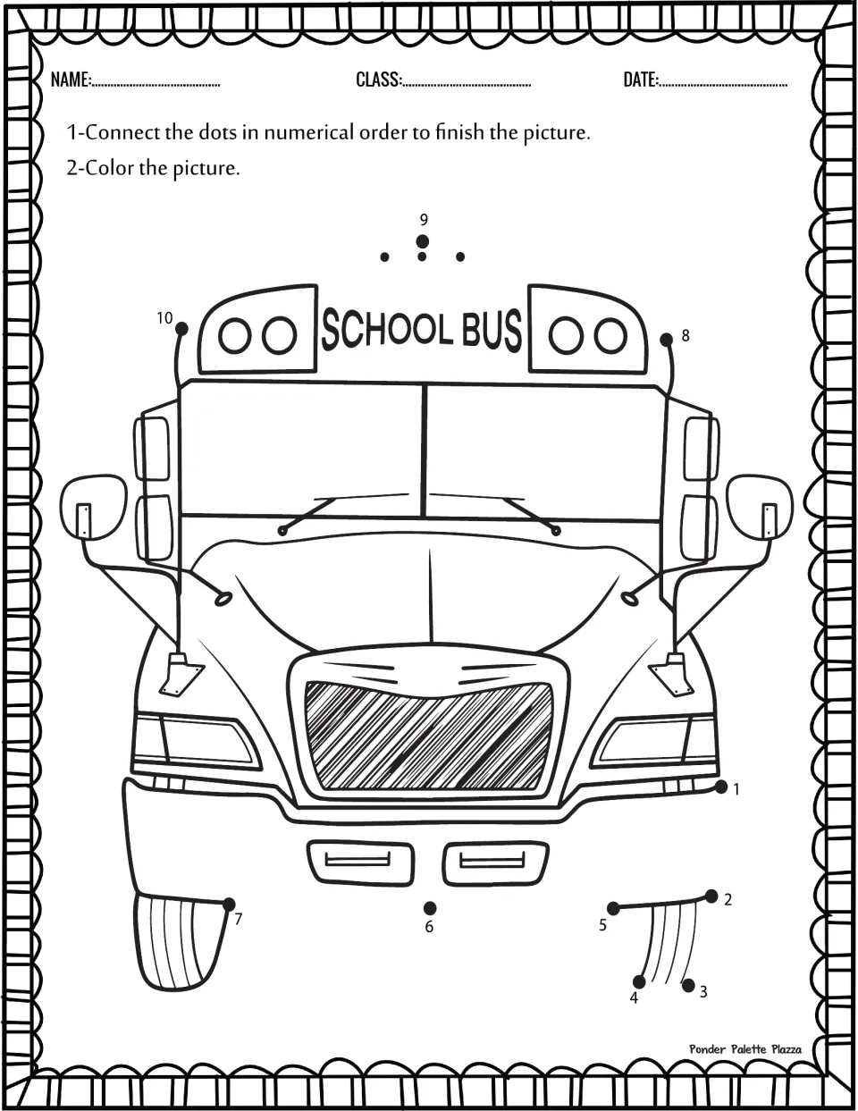 School bus dot-to-dot worksheet: connect numbers 1–10 to complete the front view of a bus, then color.