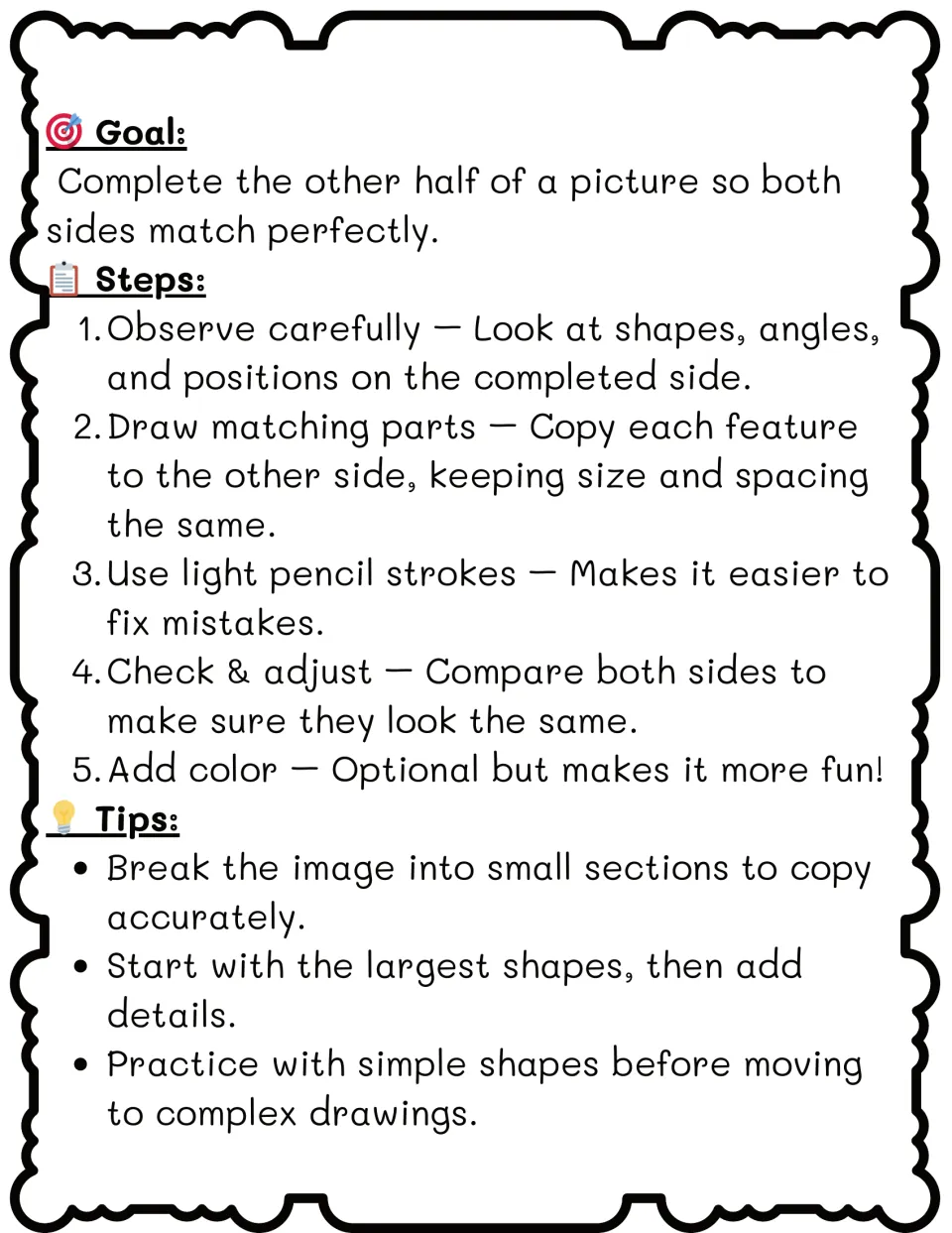 Symmetry activity instructions: observe shapes, draw matching parts, use light strokes, check, and color