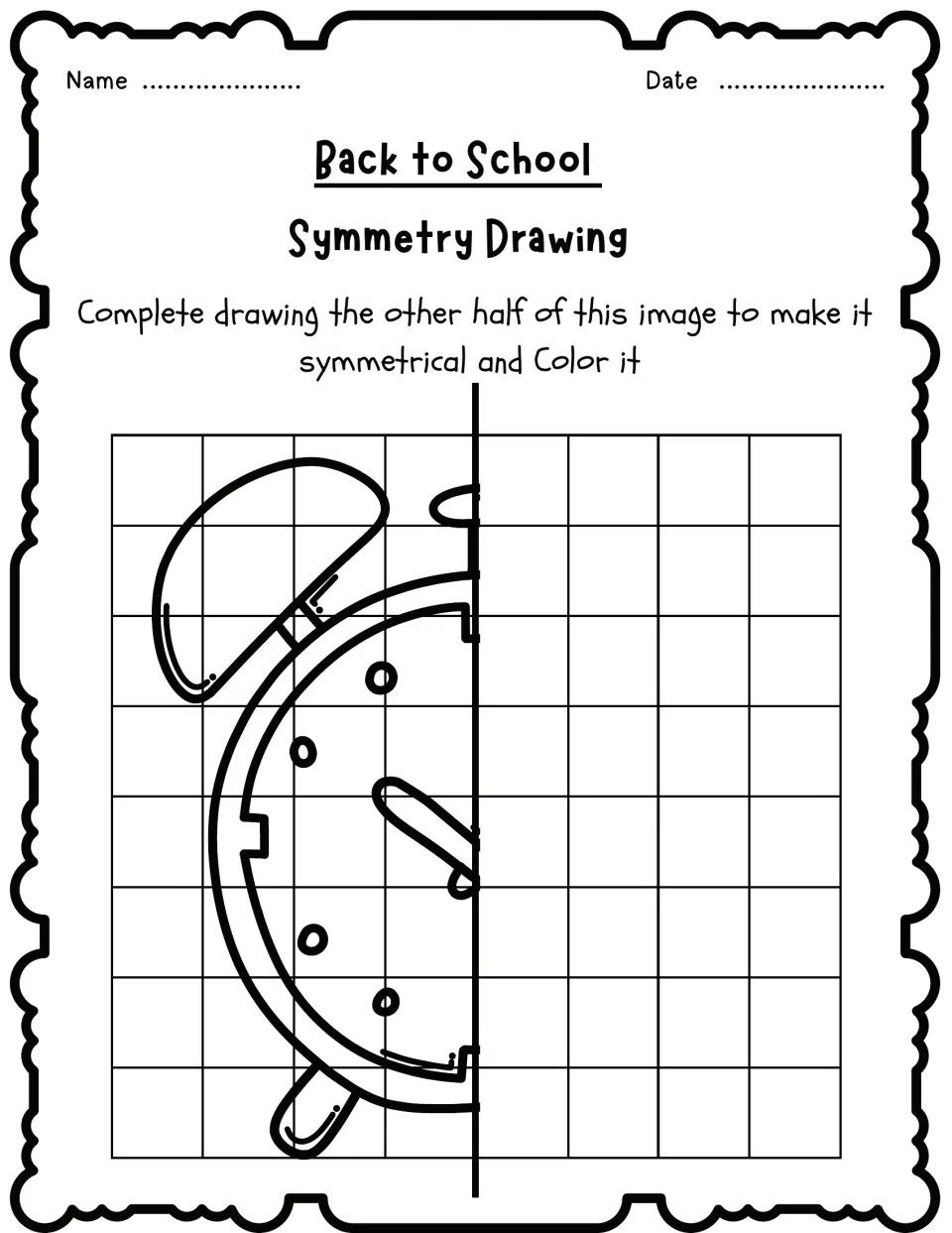 Symmetry drawing activity 1: complete the missing half of an alarm clock, then color the finished picture