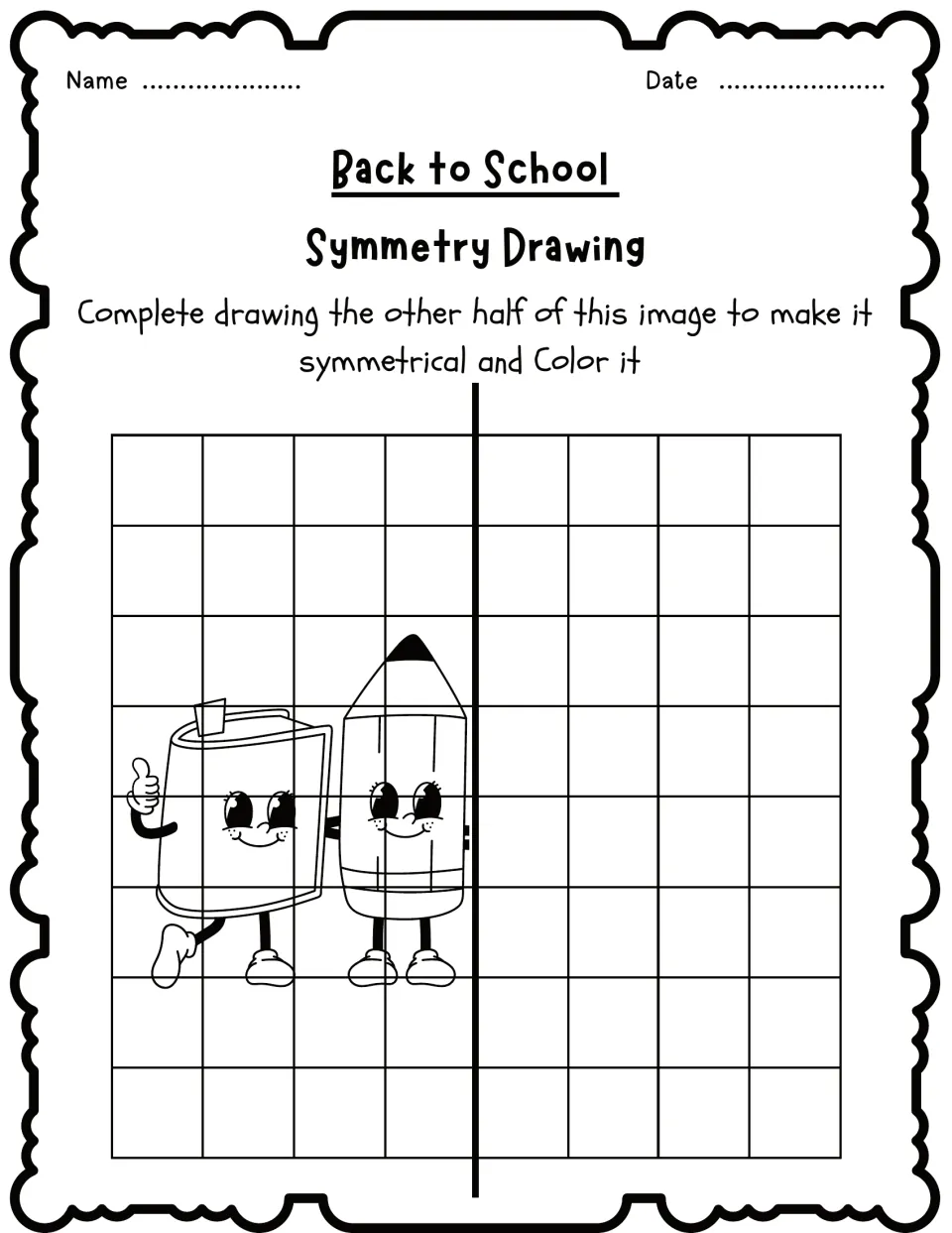 Symmetry drawing activity 2: reflect the smiling book and pencil characters, then color the finished picture