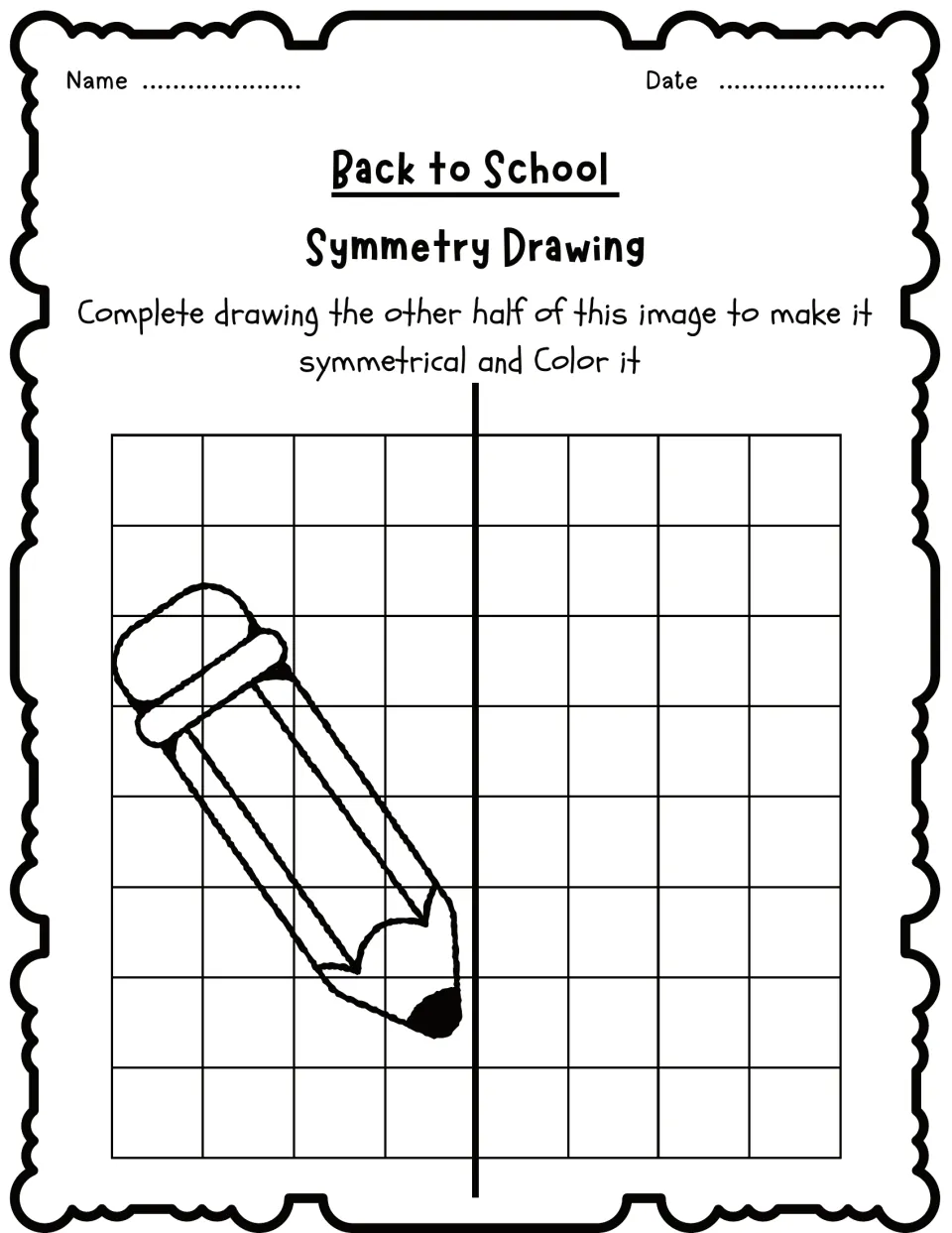 Symmetry drawing activity 3: draw a reflection of the tilted pencil, then color the completed picture