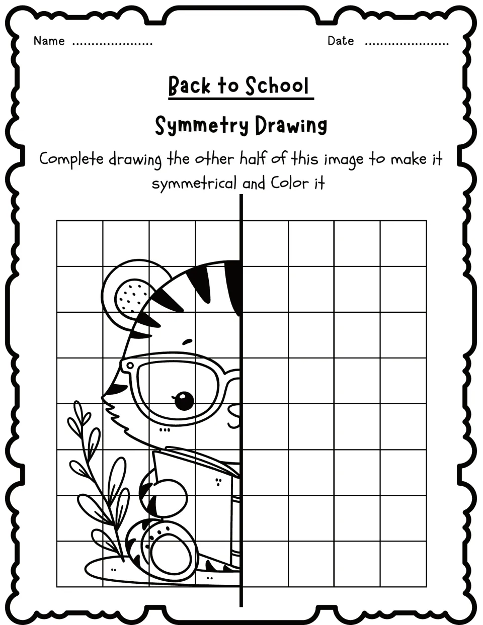 Symmetry drawing activity 4: complete the missing half of a tiger wearing glasses and holding a book