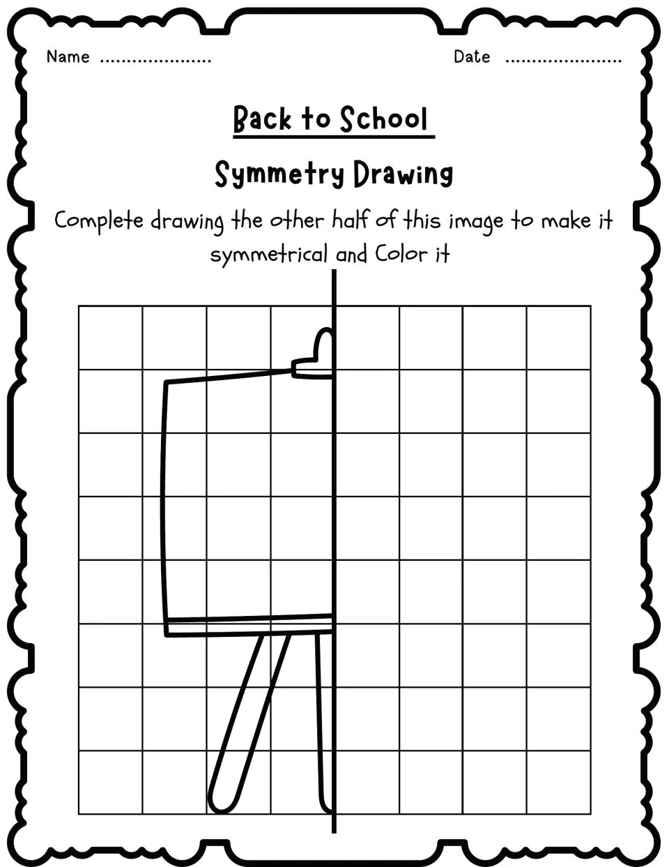 Symmetry drawing activity 5: complete the missing half of an easel, then color the finished picture