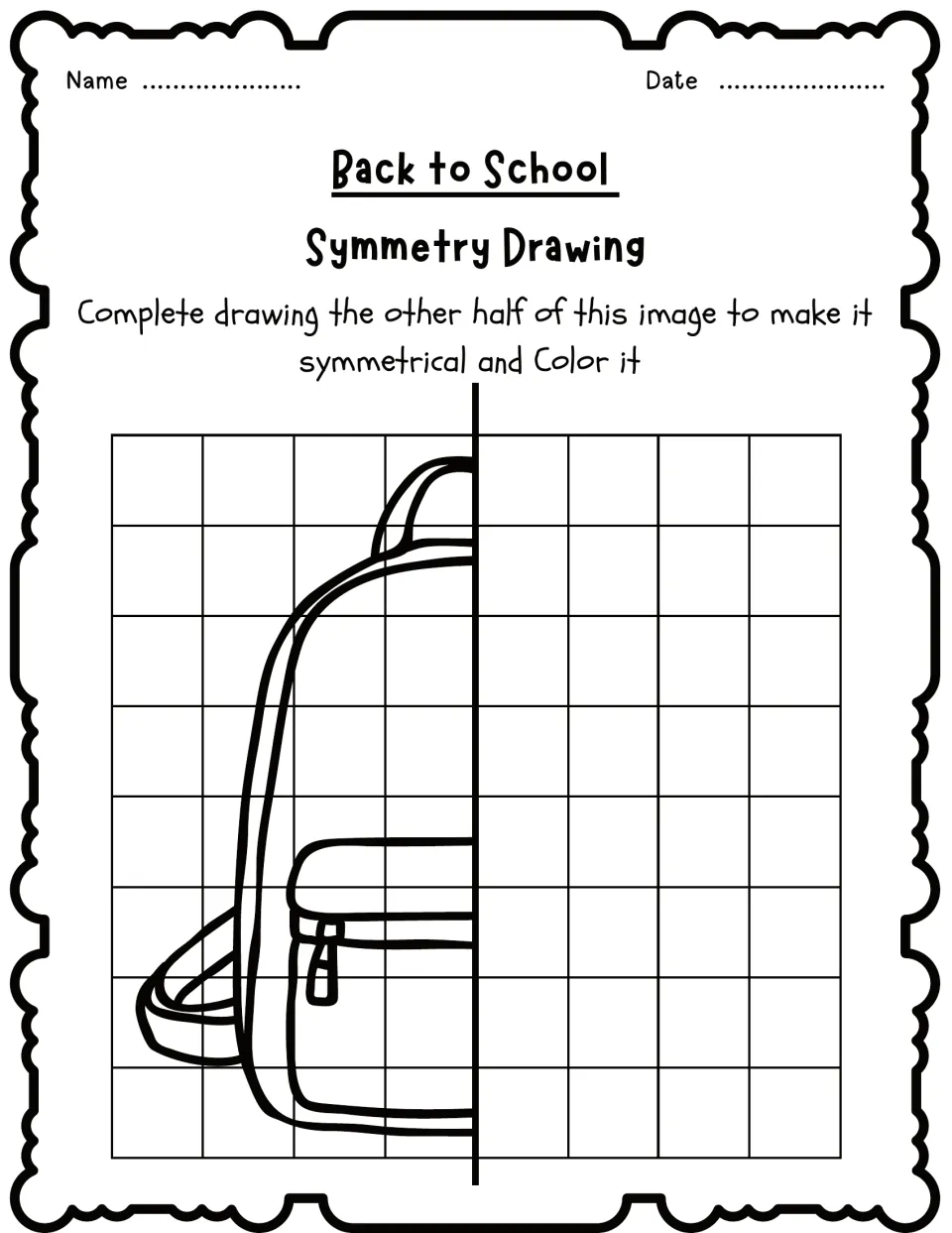 Symmetry drawing activity 6: complete a backpack with a handle and zippered front pocket, then color it