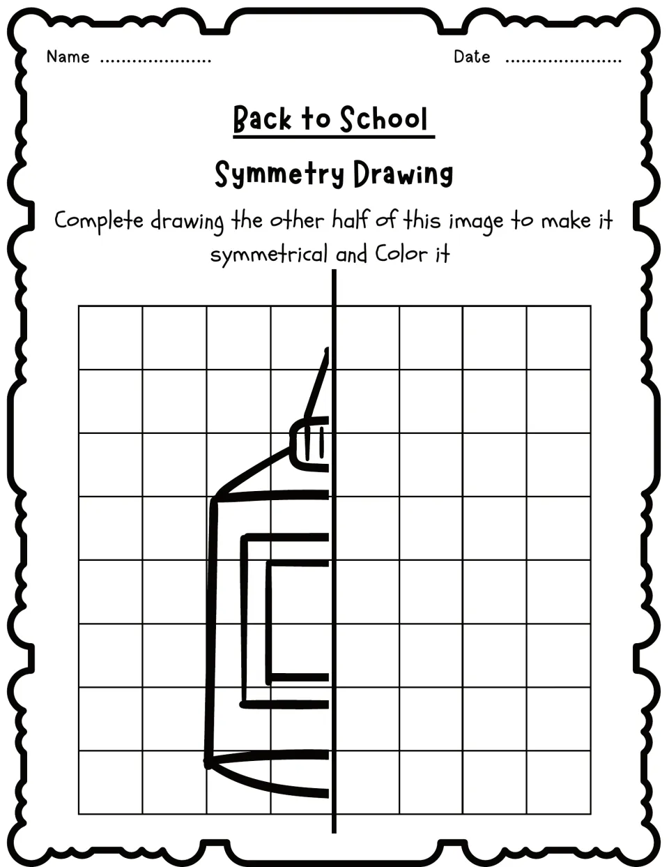 Symmetry drawing activity 7: complete the missing half of a glue bottle, then color the finished picture