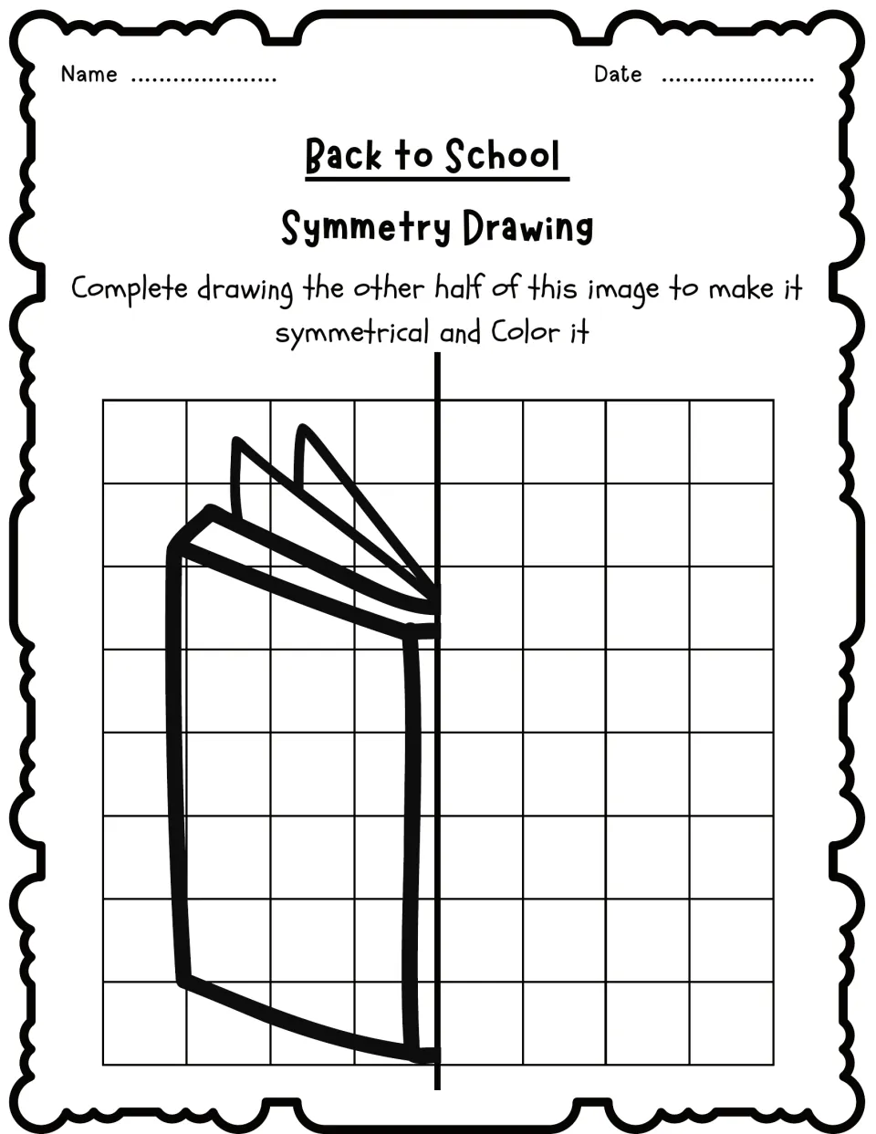 Symmetry drawing activity 8: complete the missing half of an open book, then color the finished picture